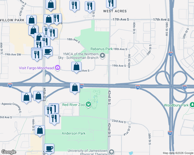 map of restaurants, bars, coffee shops, grocery stores, and more near 4089-4499 Interstate 94 in Fargo