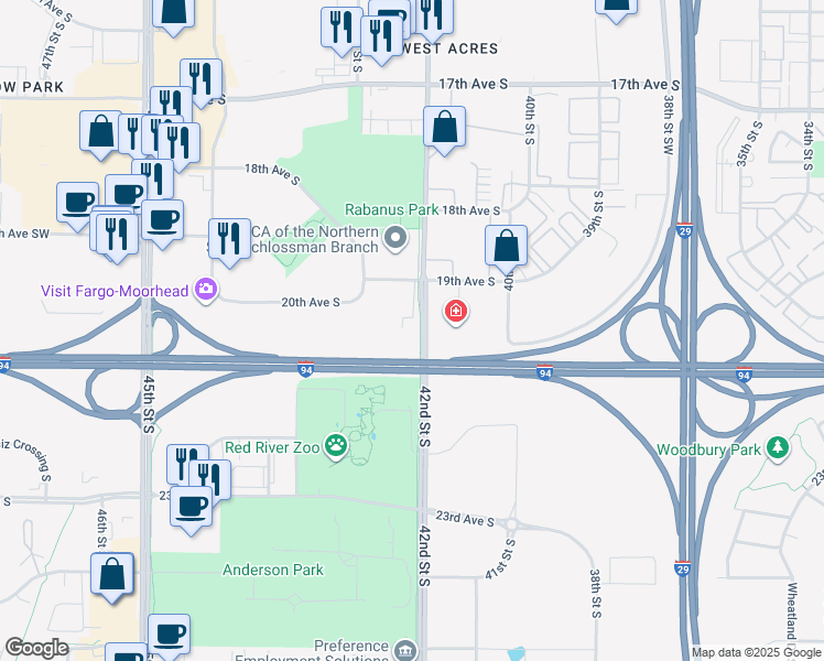 map of restaurants, bars, coffee shops, grocery stores, and more near 1949 42nd Street South in Fargo