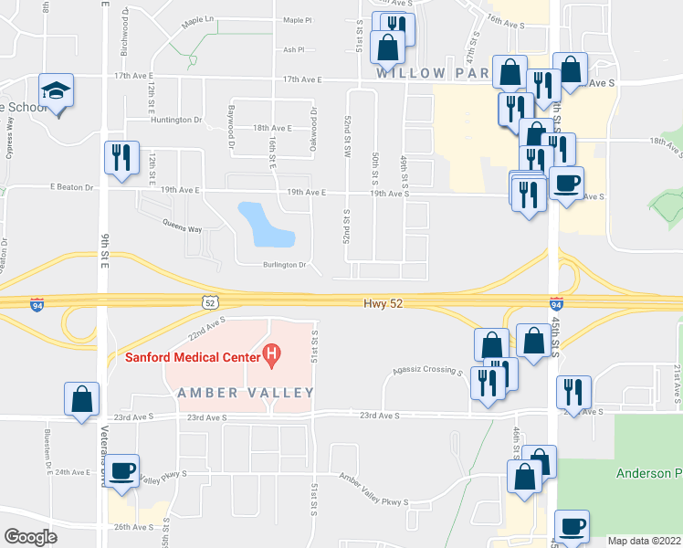 map of restaurants, bars, coffee shops, grocery stores, and more near 5200 21st Ave S in Fargo