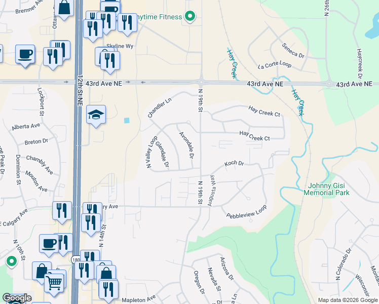 map of restaurants, bars, coffee shops, grocery stores, and more near 3614 North 19th Street in Bismarck