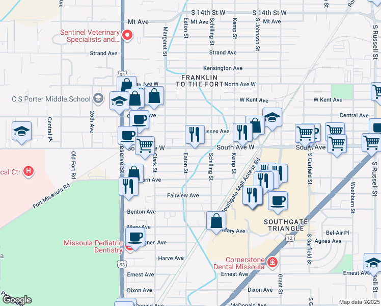 map of restaurants, bars, coffee shops, grocery stores, and more near 2419 Eaton Street in Missoula