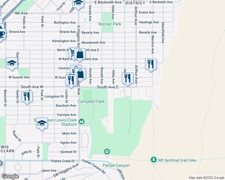 map of restaurants, bars, coffee shops, grocery stores, and more near 1353-1499 Granite Court in Missoula