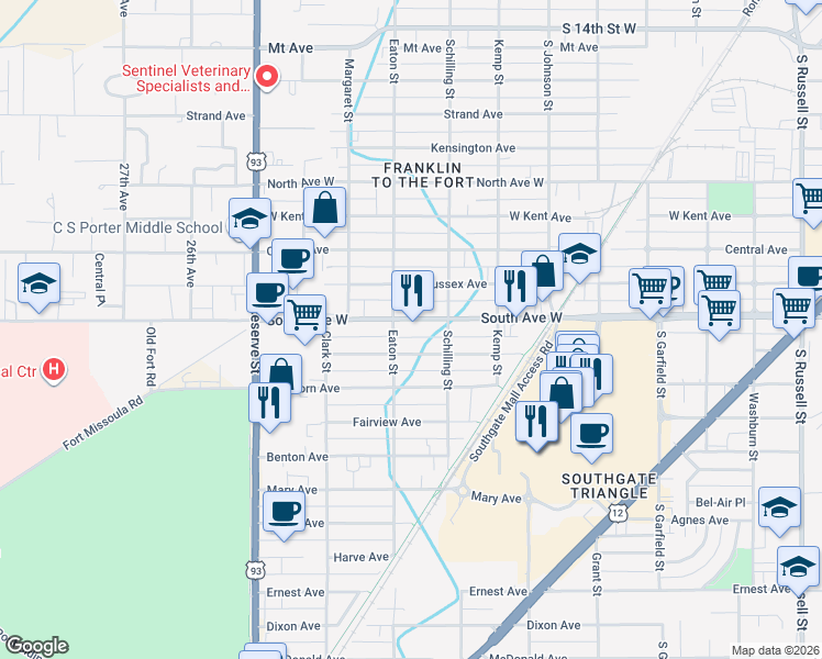 map of restaurants, bars, coffee shops, grocery stores, and more near 2212 Livingston Avenue in Missoula