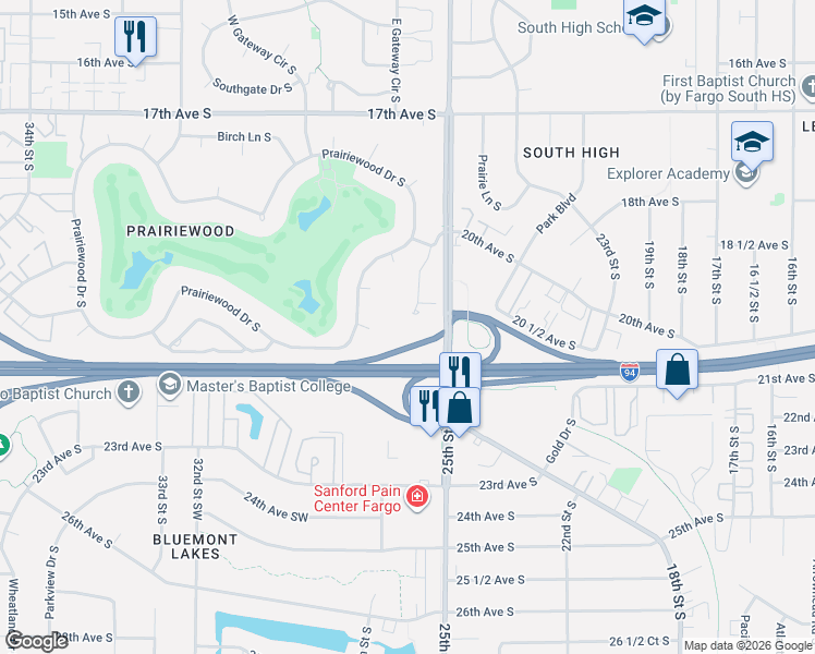map of restaurants, bars, coffee shops, grocery stores, and more near 25th Street South in Fargo
