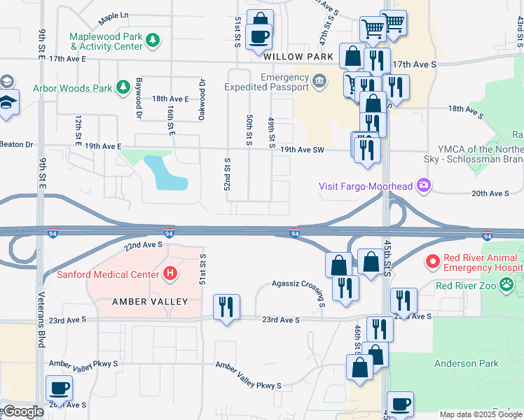 map of restaurants, bars, coffee shops, grocery stores, and more near Interstate 94 in Fargo