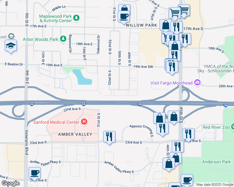 map of restaurants, bars, coffee shops, grocery stores, and more near Interstate 94 in Fargo