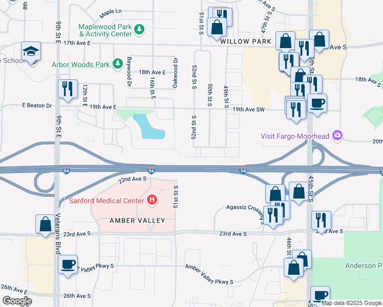 map of restaurants, bars, coffee shops, grocery stores, and more near 5200 21st Avenue South in Fargo