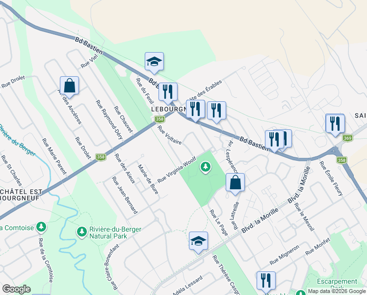 map of restaurants, bars, coffee shops, grocery stores, and more near 8675 Rue Voltaire in Québec