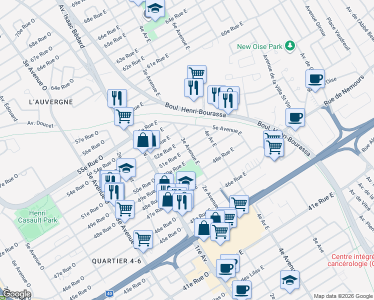 map of restaurants, bars, coffee shops, grocery stores, and more near 190 51e Rue Est in Charlesbourg