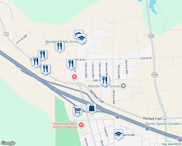 map of restaurants, bars, coffee shops, grocery stores, and more near 1208 24th Street Northwest in Mandan