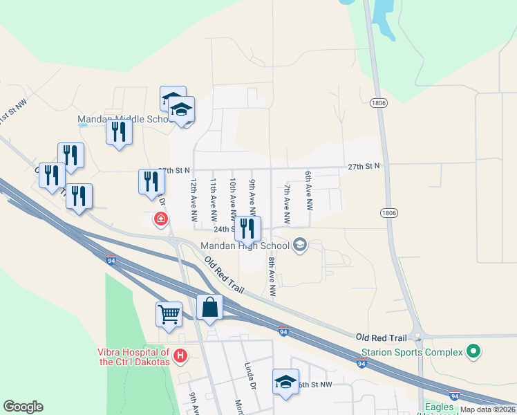 map of restaurants, bars, coffee shops, grocery stores, and more near 2501-2799 9th Avenue Northwest in Mandan