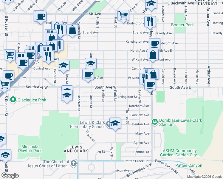 map of restaurants, bars, coffee shops, grocery stores, and more near 404 Livingston Street in Missoula
