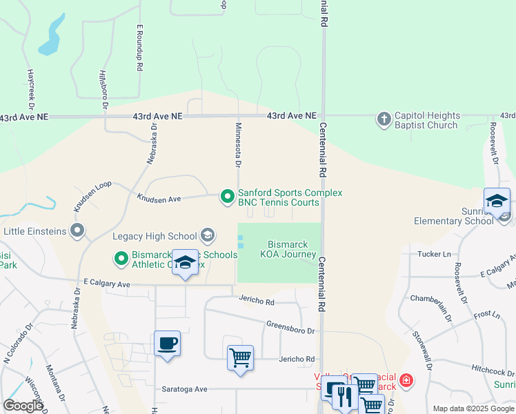 map of restaurants, bars, coffee shops, grocery stores, and more near 3841 Knudsen Avenue in Bismarck