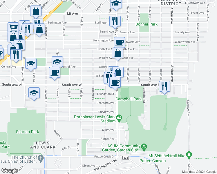 map of restaurants, bars, coffee shops, grocery stores, and more near 122 Livingston Street in Missoula