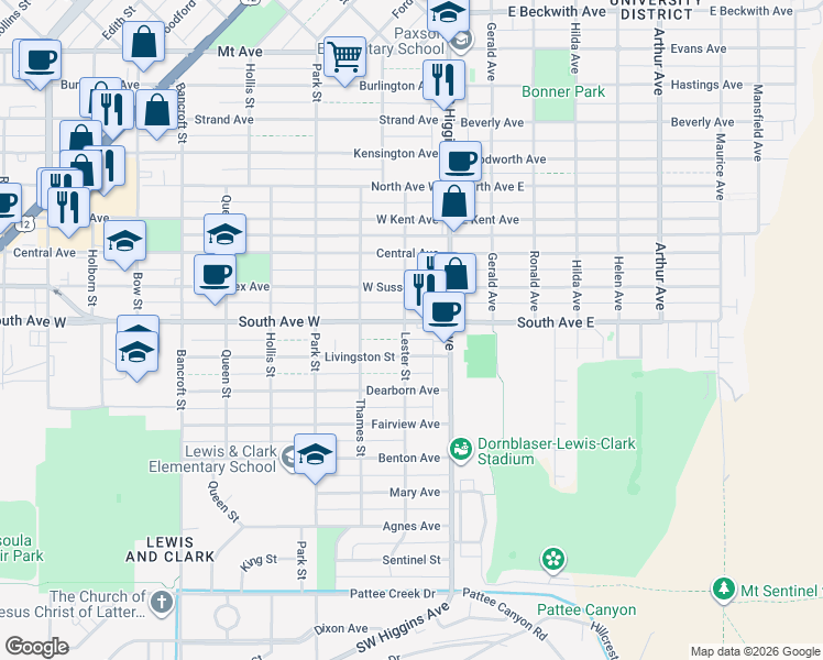 map of restaurants, bars, coffee shops, grocery stores, and more near 122 Livingston Street in Missoula
