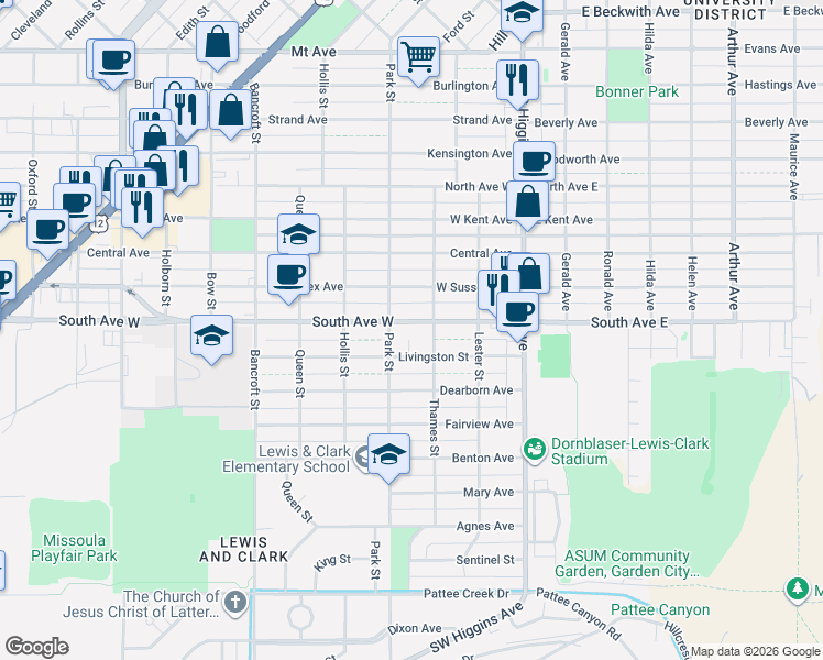 map of restaurants, bars, coffee shops, grocery stores, and more near 316 Livingston Street in Missoula