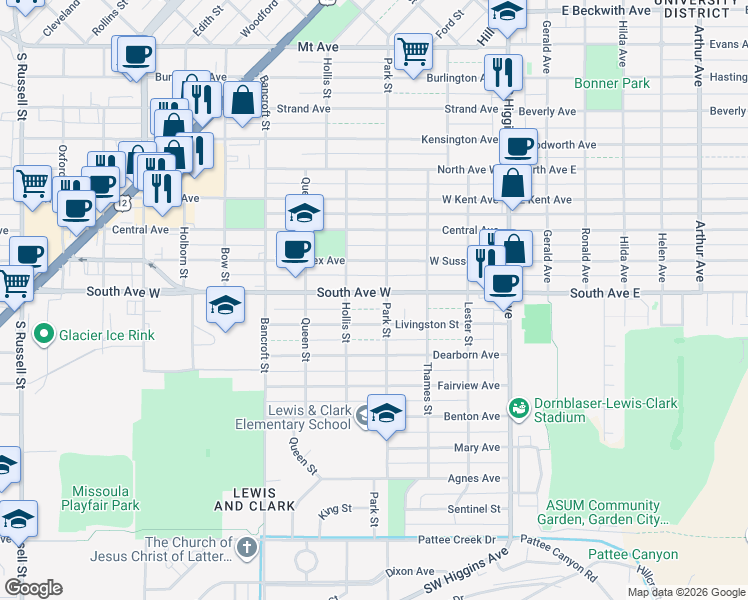 map of restaurants, bars, coffee shops, grocery stores, and more near 404 Livingston Street in Missoula
