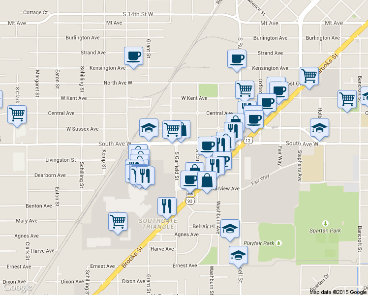 map of restaurants, bars, coffee shops, grocery stores, and more near 2415 South Catlin Street in Missoula
