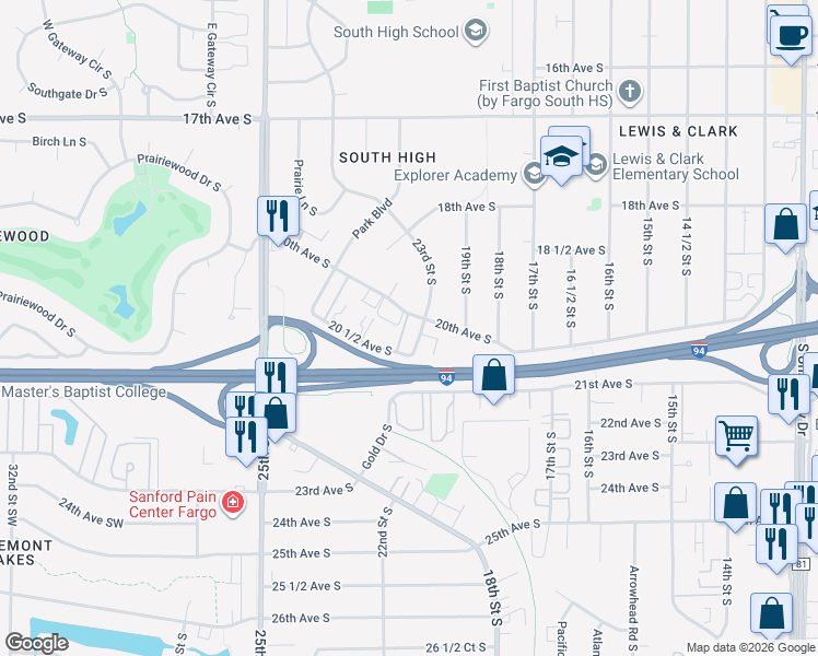 map of restaurants, bars, coffee shops, grocery stores, and more near 232 23rd Street South in Fargo