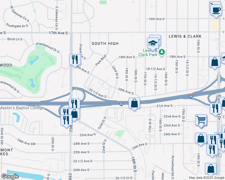 map of restaurants, bars, coffee shops, grocery stores, and more near 232 23rd Street South in Fargo