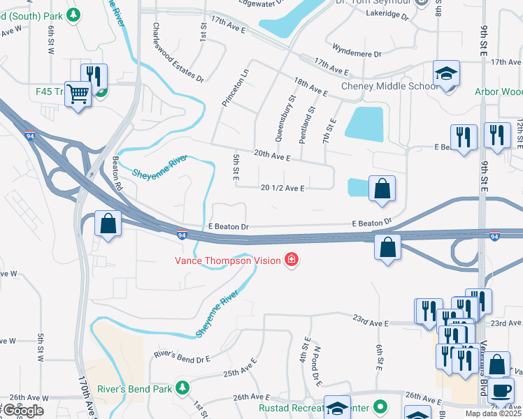 map of restaurants, bars, coffee shops, grocery stores, and more near 250 East Beaton Drive in West Fargo