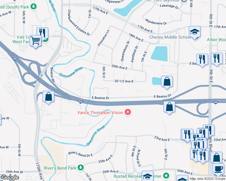 map of restaurants, bars, coffee shops, grocery stores, and more near 250 East Beaton Drive in West Fargo