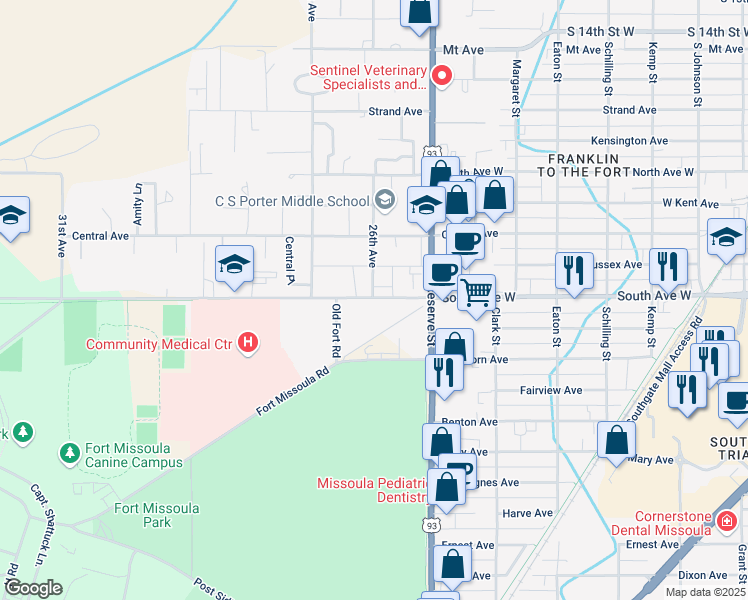 map of restaurants, bars, coffee shops, grocery stores, and more near 2549 Fort Missoula Road in Missoula