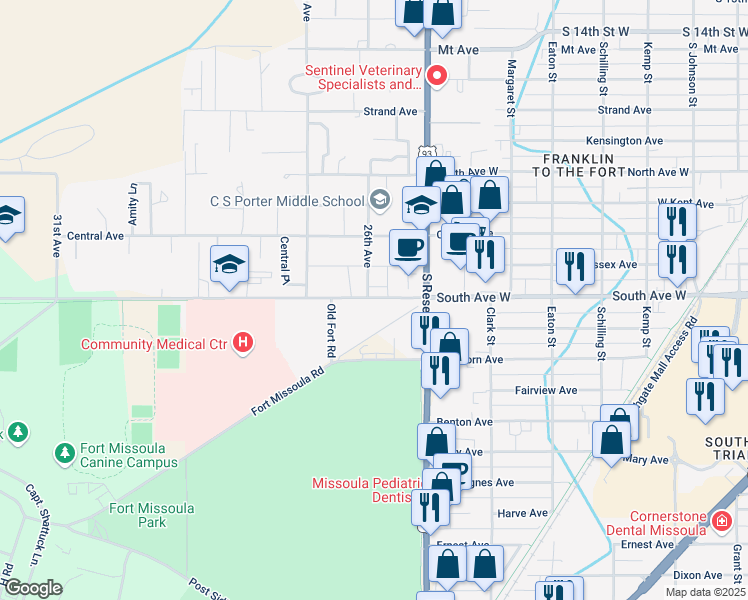 map of restaurants, bars, coffee shops, grocery stores, and more near 2415-2549 Fort Missoula Road in Missoula