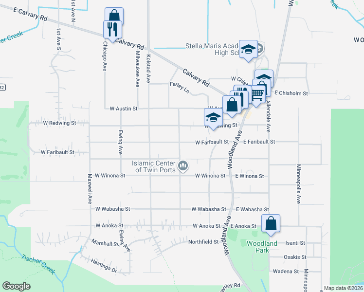 map of restaurants, bars, coffee shops, grocery stores, and more near 135 West Owatonna Street in Duluth