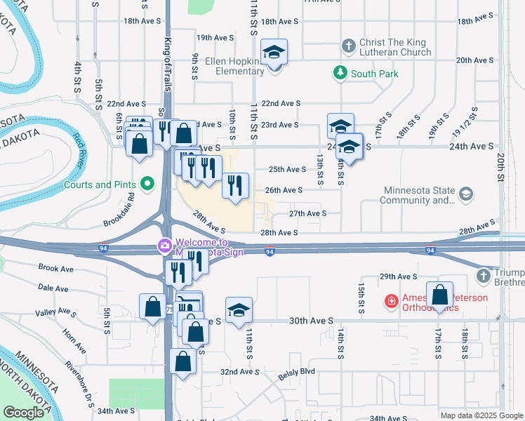 map of restaurants, bars, coffee shops, grocery stores, and more near 1110 28th Avenue South in Moorhead