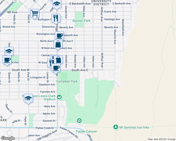 map of restaurants, bars, coffee shops, grocery stores, and more near 1499 Granite Court in Missoula