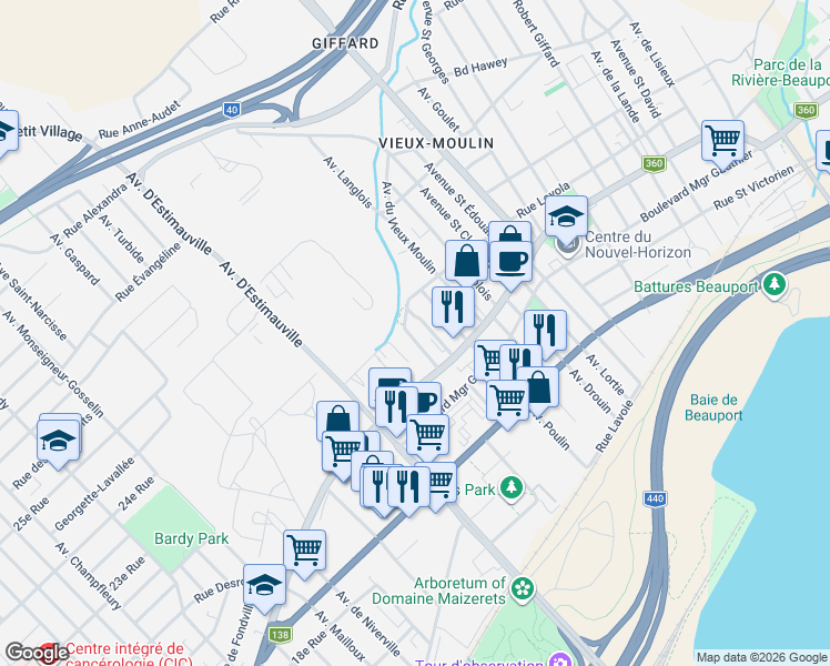 map of restaurants, bars, coffee shops, grocery stores, and more near 2164 Avenue Louise-Cloutier in Québec