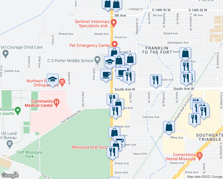 map of restaurants, bars, coffee shops, grocery stores, and more near South Reserve Street & South Avenue West in Missoula