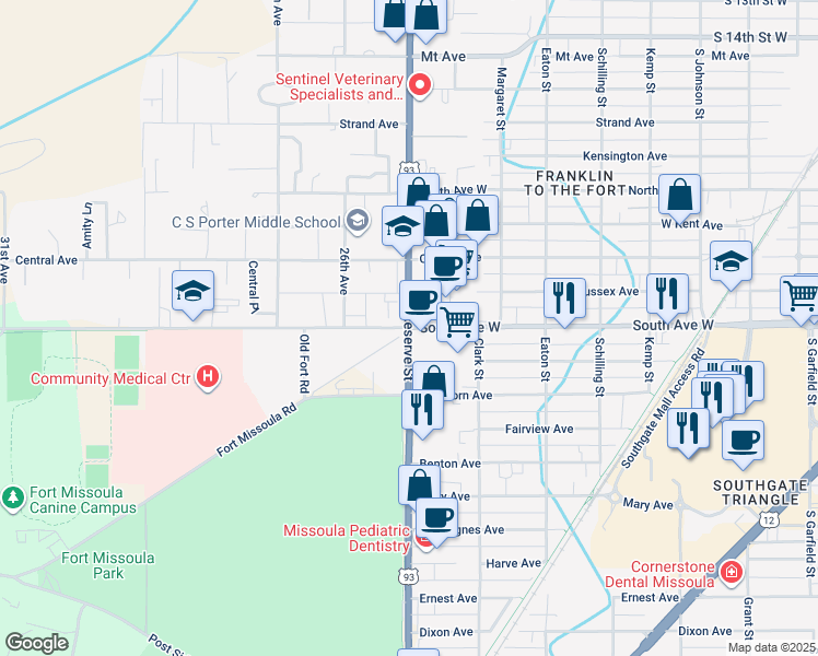 map of restaurants, bars, coffee shops, grocery stores, and more near South Reserve Street & South Avenue West in Missoula