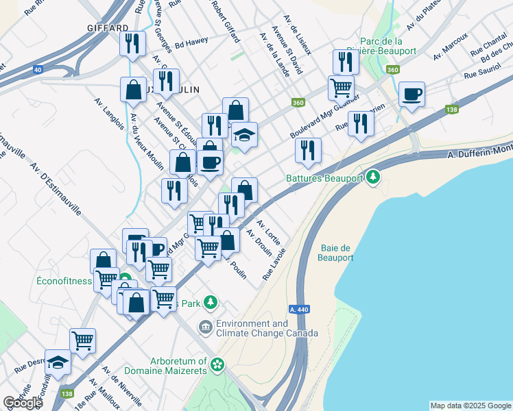 map of restaurants, bars, coffee shops, grocery stores, and more near 1901 Avenue du Monument in Québec