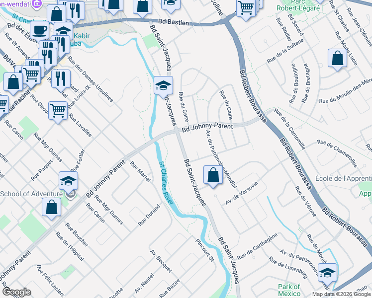 map of restaurants, bars, coffee shops, grocery stores, and more near 9920 Boulevard Saint-Jacques in Québec