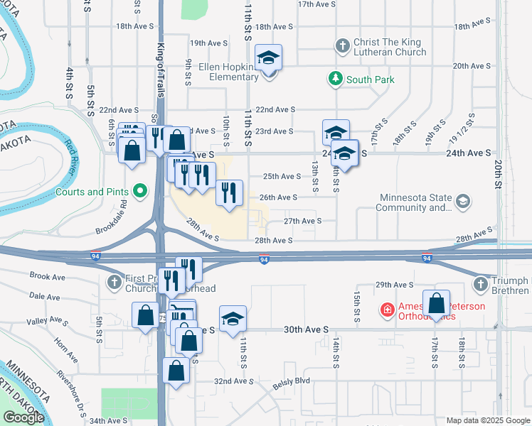 map of restaurants, bars, coffee shops, grocery stores, and more near 1117 26th Avenue South in Moorhead