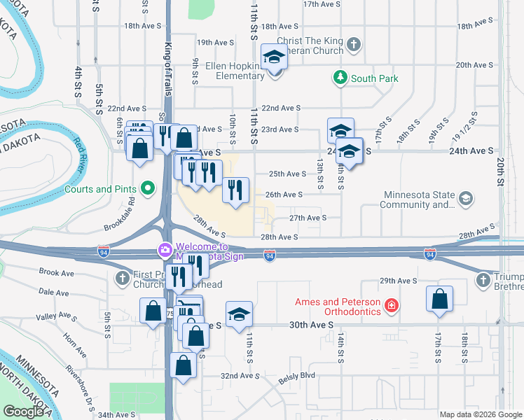 map of restaurants, bars, coffee shops, grocery stores, and more near 1117 26th Avenue South in Moorhead