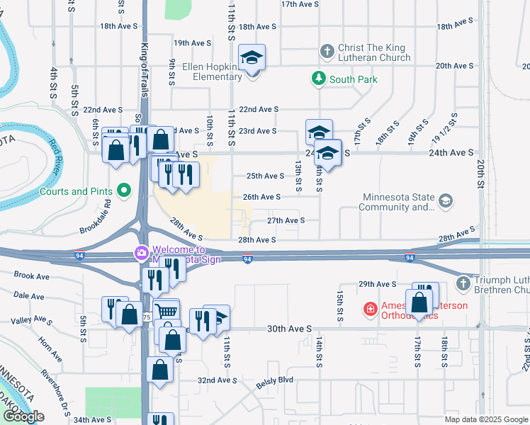 map of restaurants, bars, coffee shops, grocery stores, and more near 1137 26th Avenue South in Moorhead