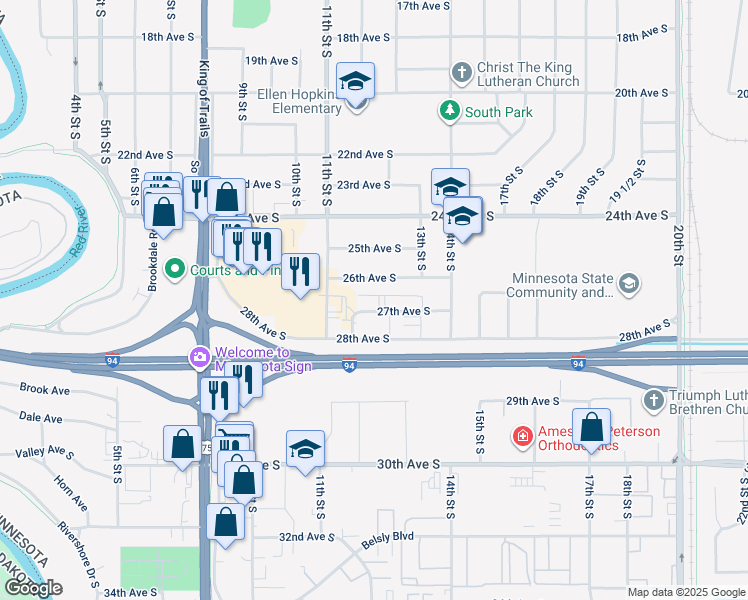 map of restaurants, bars, coffee shops, grocery stores, and more near 1137 26th Avenue South in Moorhead