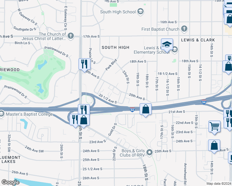 map of restaurants, bars, coffee shops, grocery stores, and more near 2315 Sundance Circle South in Fargo