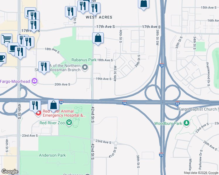 map of restaurants, bars, coffee shops, grocery stores, and more near 4048-4112 19th Ave SW in Fargo
