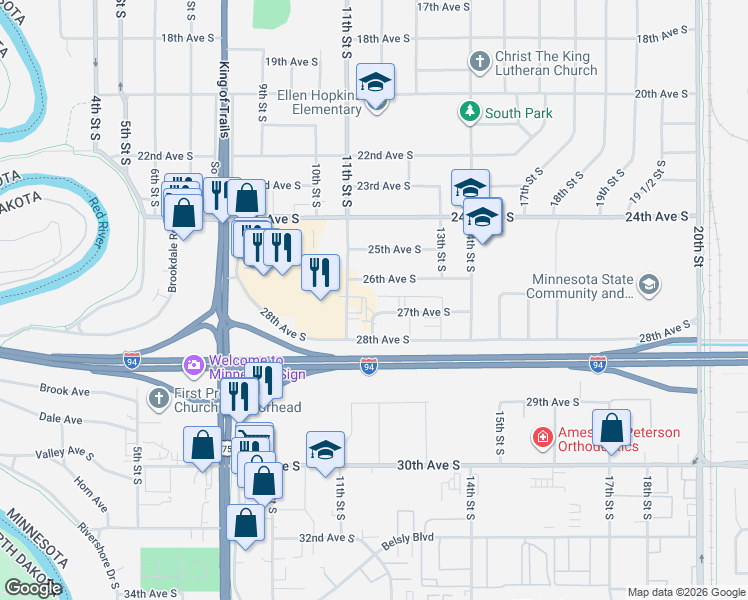 map of restaurants, bars, coffee shops, grocery stores, and more near 1117 26th Avenue South in Moorhead