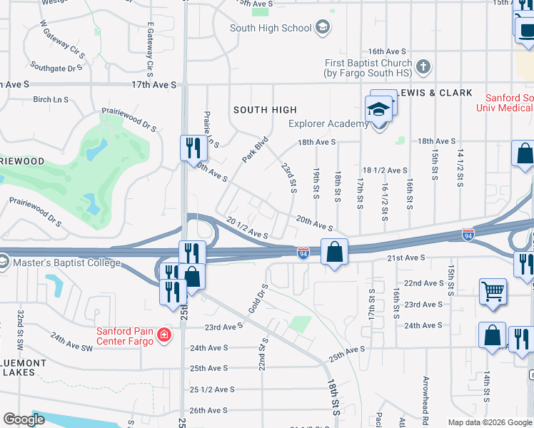 map of restaurants, bars, coffee shops, grocery stores, and more near 2315 Sundance Circle South in Fargo