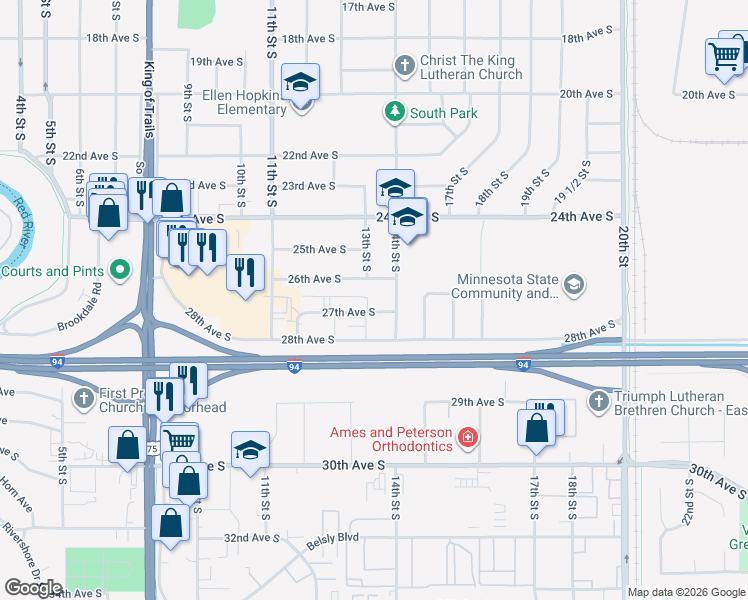 map of restaurants, bars, coffee shops, grocery stores, and more near 1303 26th Avenue South in Moorhead