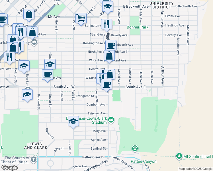 map of restaurants, bars, coffee shops, grocery stores, and more near 101 East Sussex Avenue in Missoula