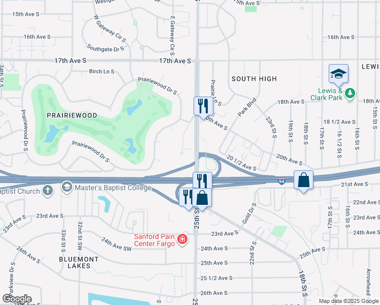 map of restaurants, bars, coffee shops, grocery stores, and more near 17 Prairiewood Crossing Southwest in Fargo
