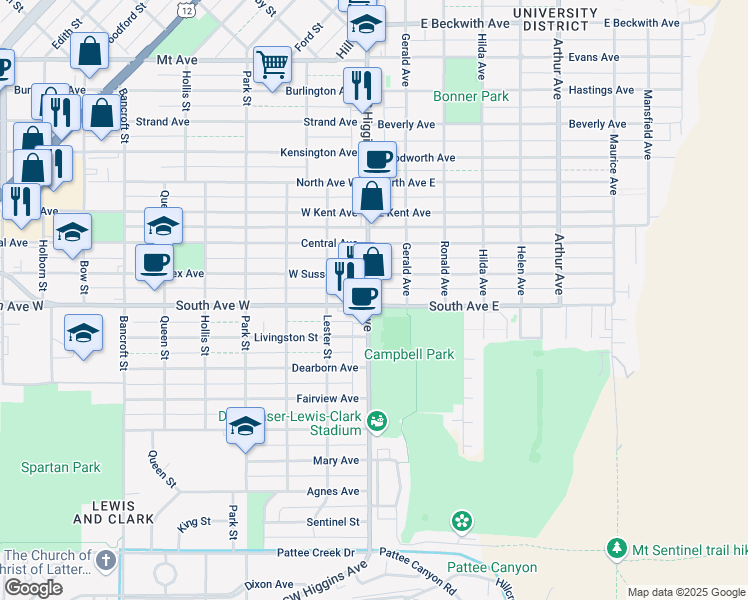 map of restaurants, bars, coffee shops, grocery stores, and more near 101 East Sussex Avenue in Missoula