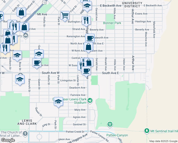 map of restaurants, bars, coffee shops, grocery stores, and more near 100 South Avenue East in Missoula