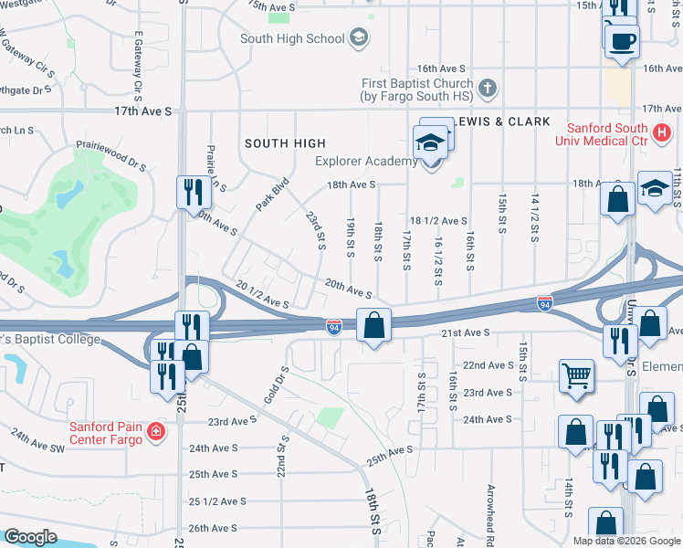 map of restaurants, bars, coffee shops, grocery stores, and more near 1922 19th Street South in Fargo